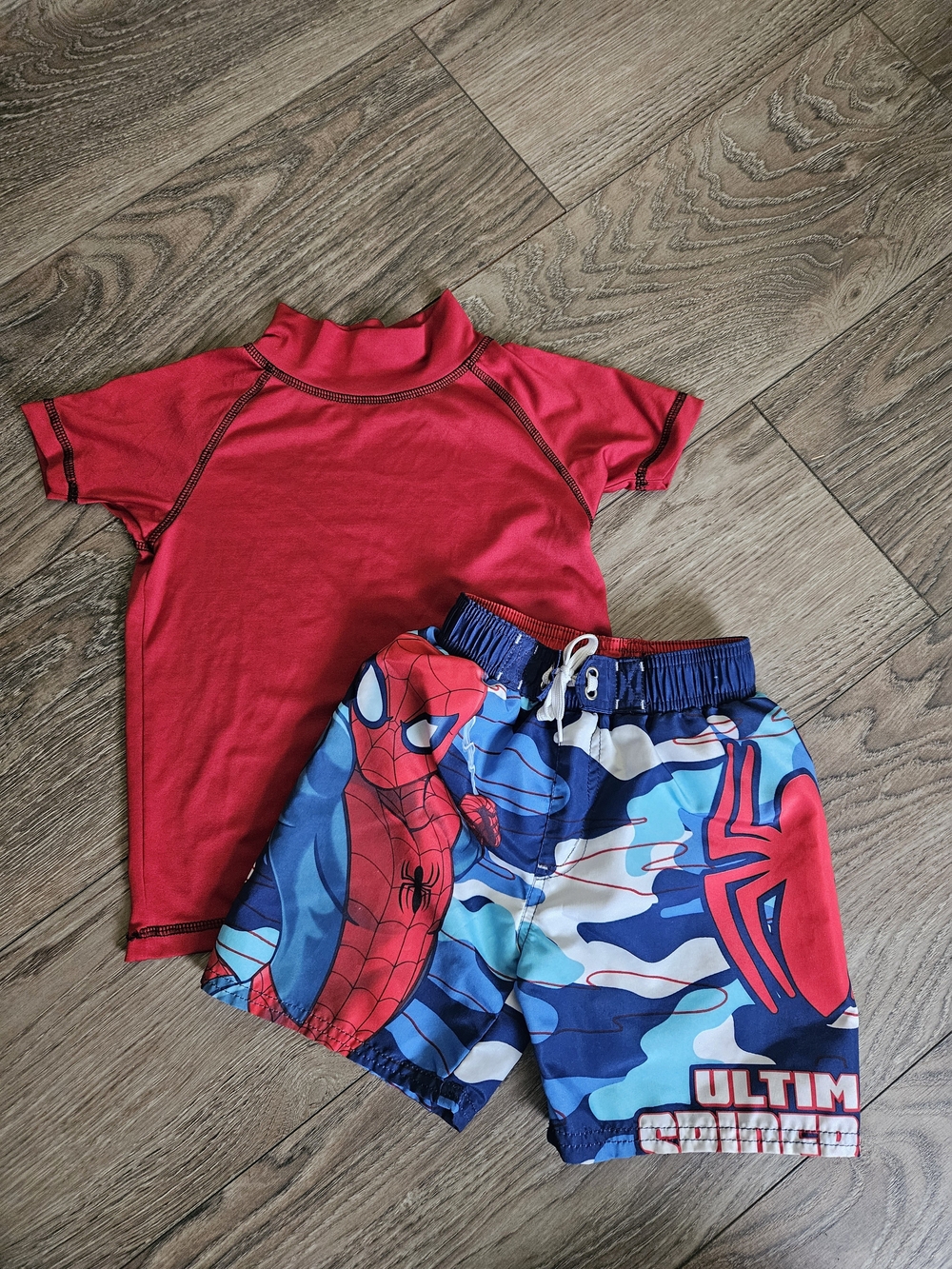 Marvel Kids Red Rashguard with Blue Spider Swim Shorts